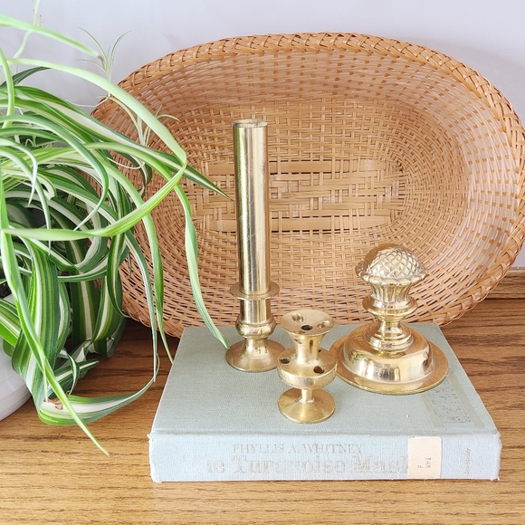Vintage Brass Paperweight Candlestick Decor Set Lot
